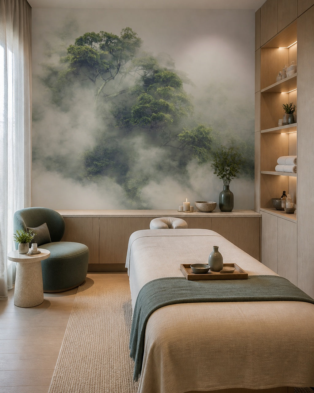 Misty tree wallpaper in a wellness spa.