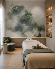 Misty tree wallpaper in a wellness spa.
