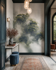 Misty tree wallpaper in a designer entrance hall.