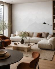 Grey mountain silhouettes wallpaper in a designer living room.