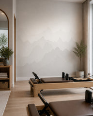 Grey mountain silhouettes wallpaper in a fitness studio.