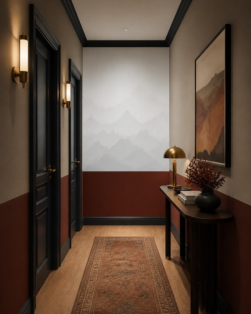 Grey mountain silhouettes wallpaper in an architectural hallway.