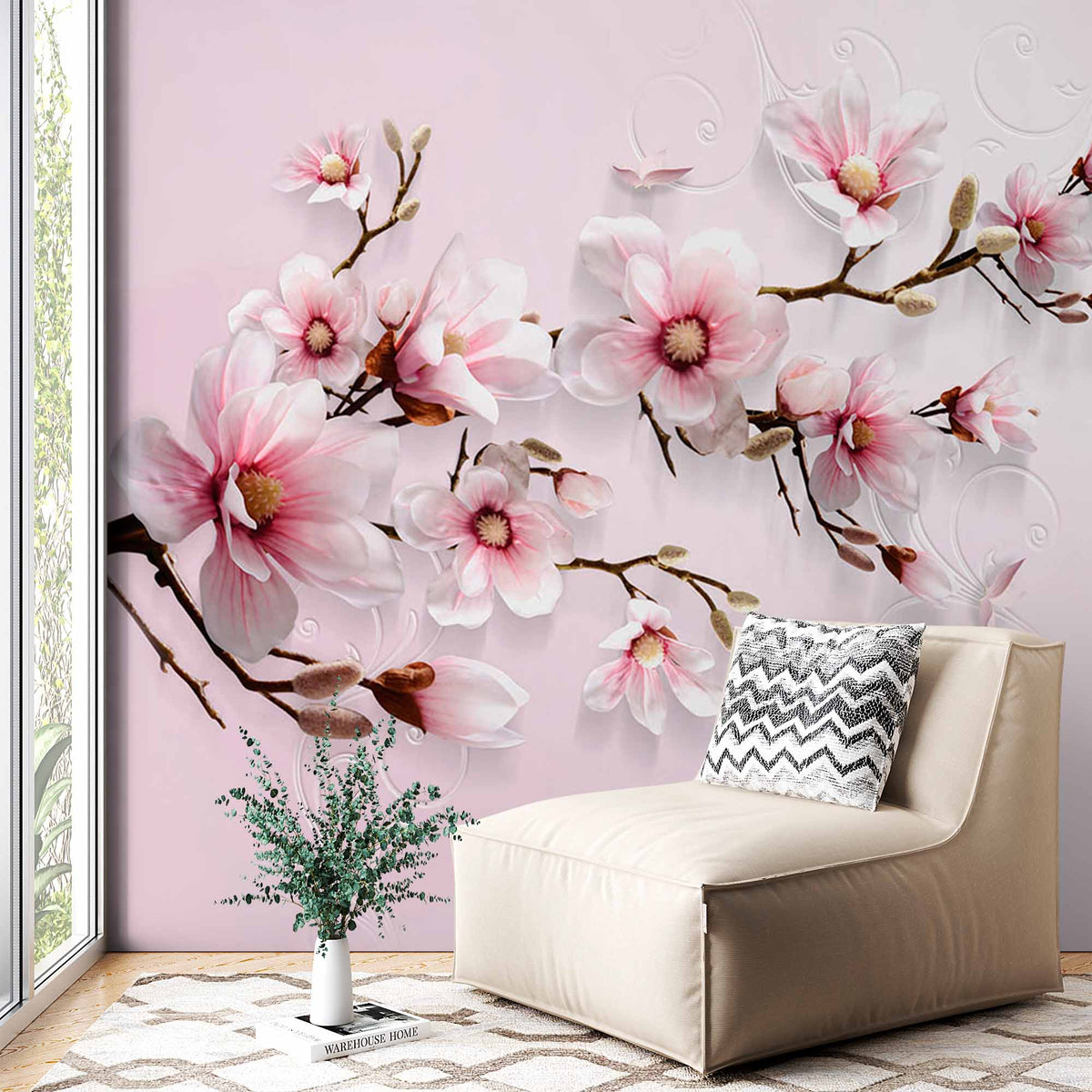 Custom Elegant Pink Magnolia Floral Wallpaper