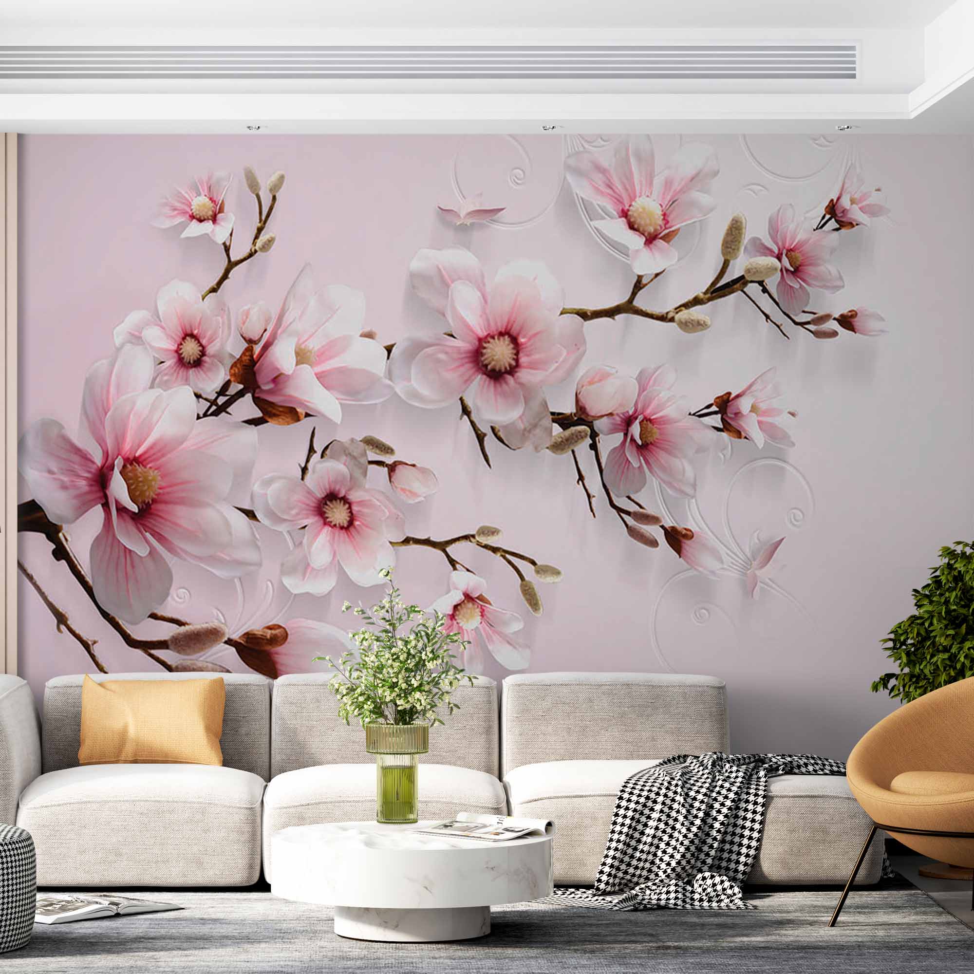 Elegant Pink Magnolia Floral Wallpaper