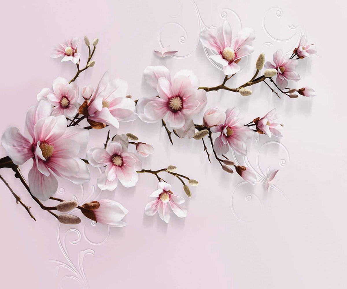 Papel de parede magnólia rosa – ramo de magnólia 3D sobre fundo rosa-blush