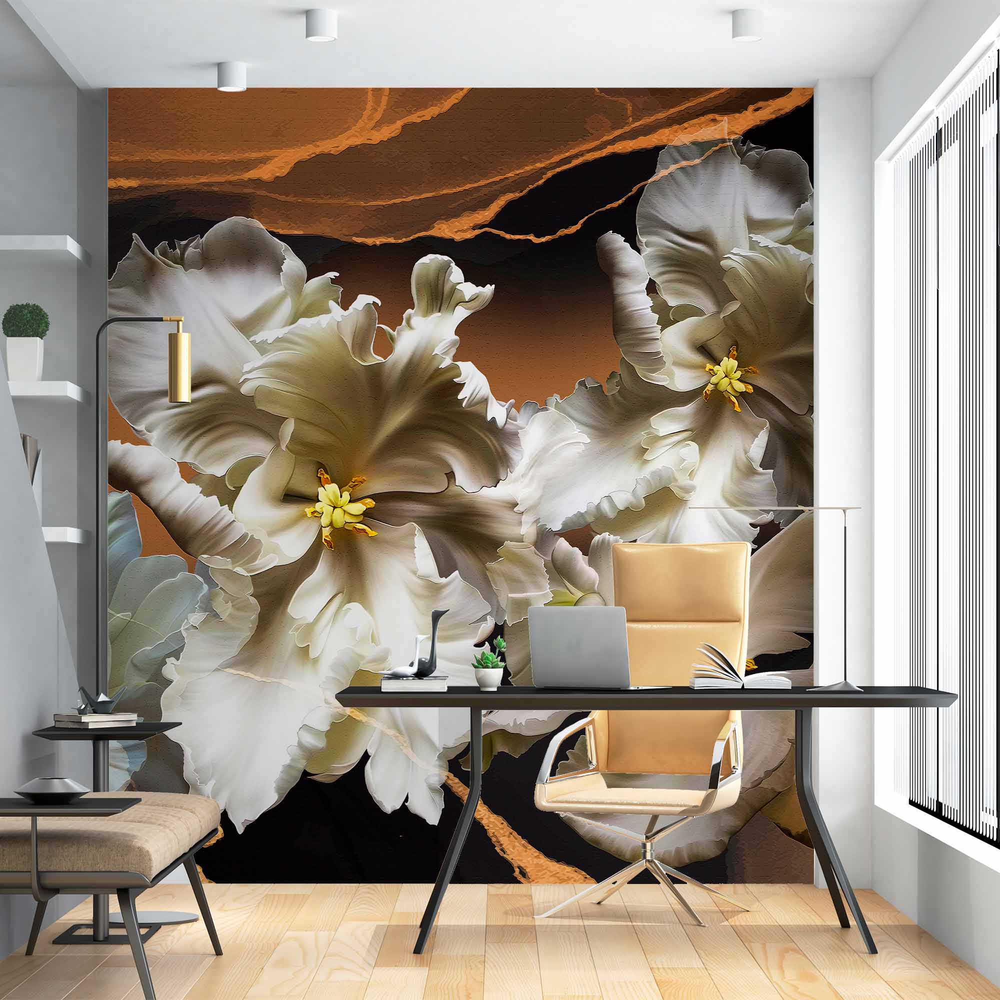 Luxurious White Tulip Blossoms on Gold and Black Marble Background - Elegant Wall Mural Wallpaper