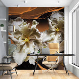 Luxurious White Tulip Blossoms on Gold and Black Marble Background - Elegant Wall Mural Wallpaper