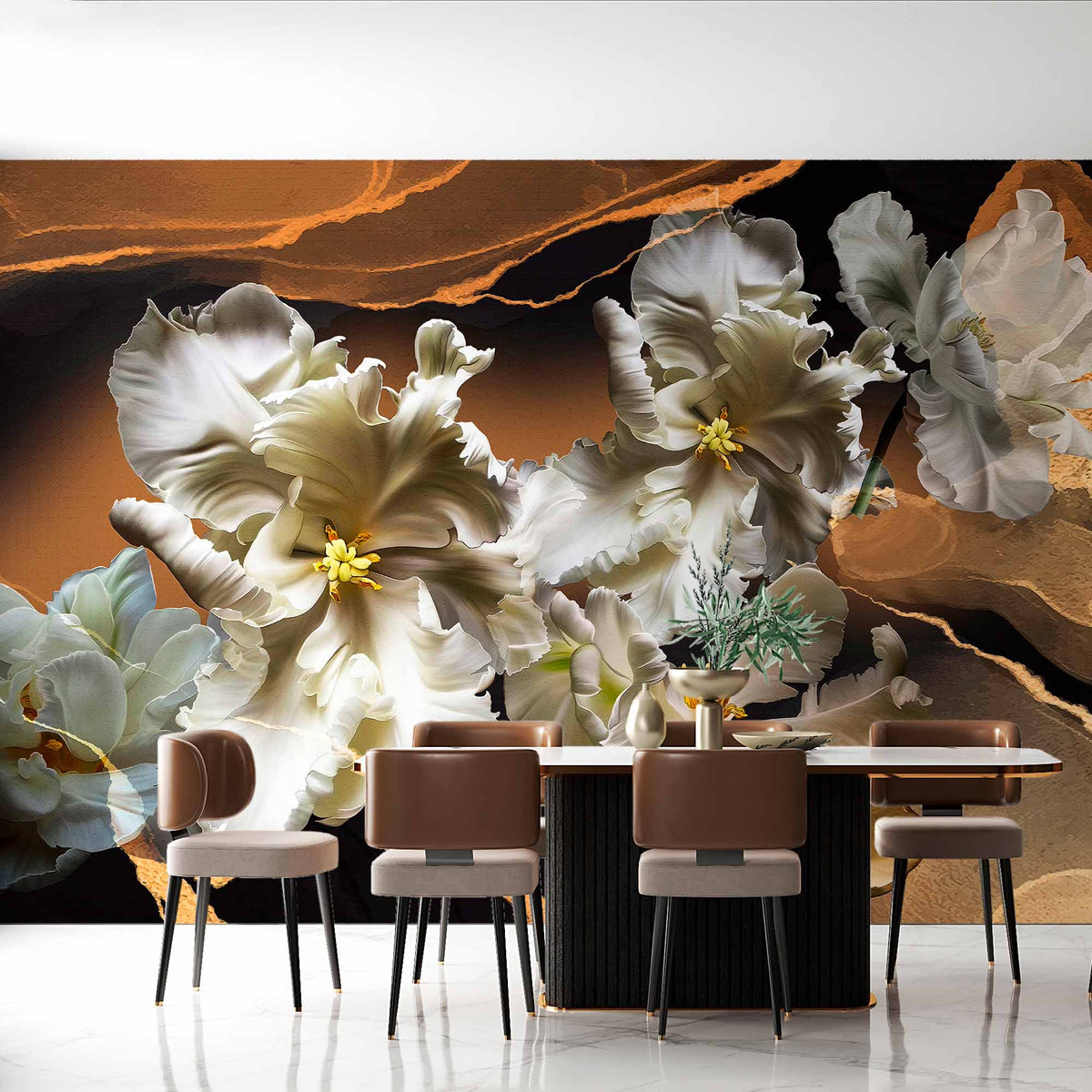 Custom Luxurious White Tulip Blossoms on Gold and Black Marble Background - Elegant Wall Mural Wallpaper