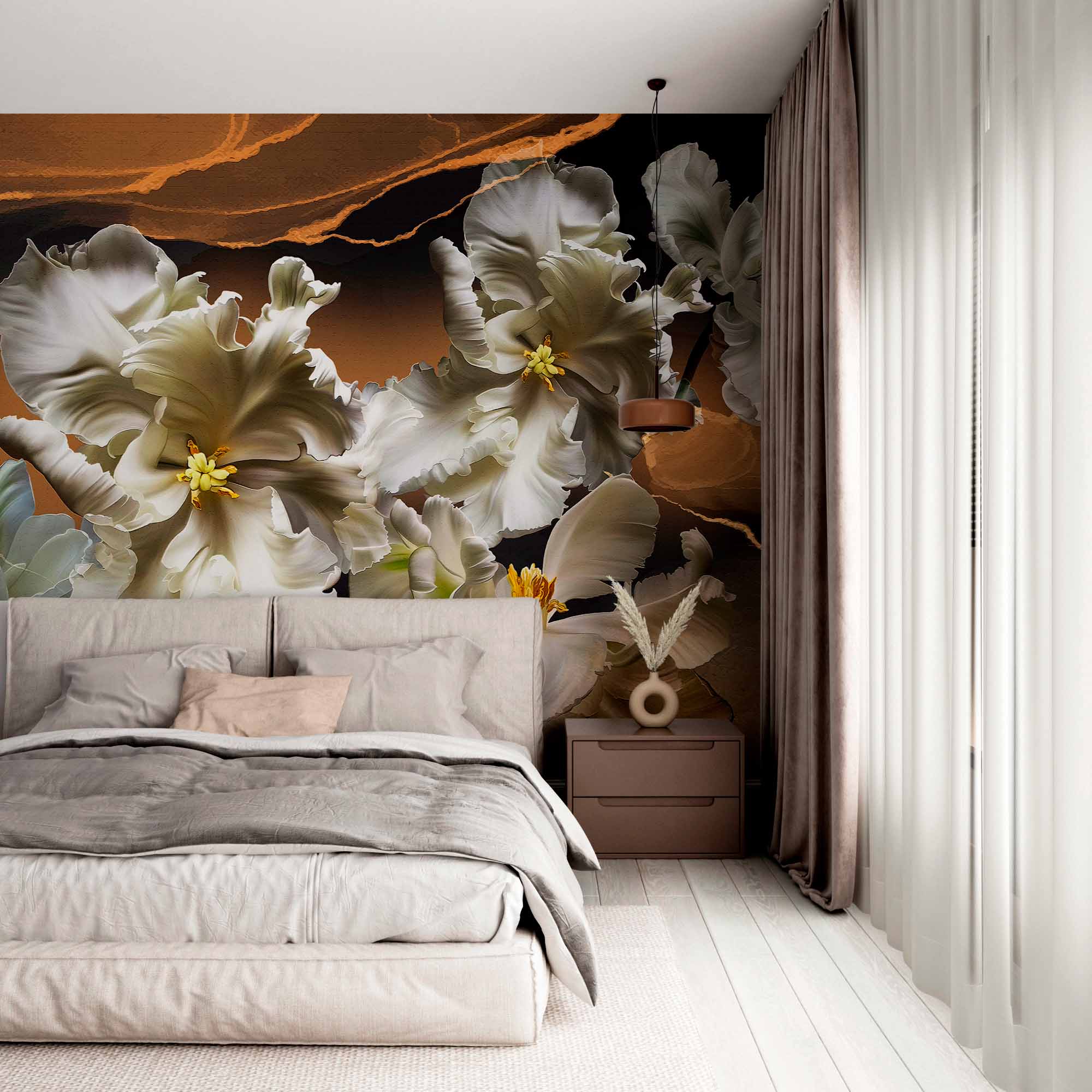 Luxurious White Tulip Blossoms on Gold and Black Marble Background - Elegant Wall Mural Wallpaper