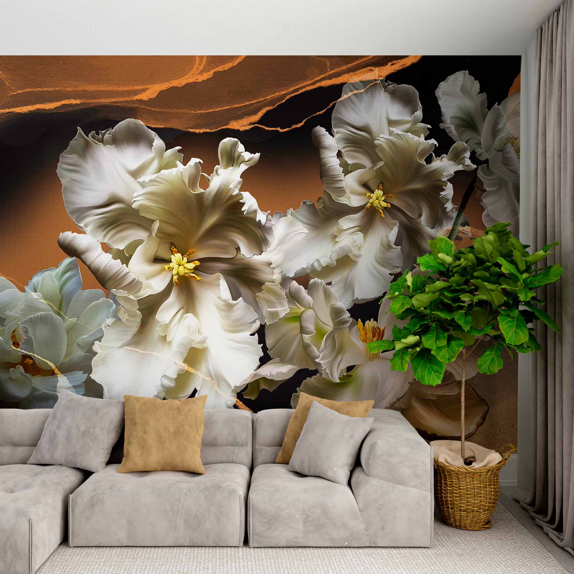 Luxurious White Tulip Blossoms on Gold and Black Marble Background - Elegant Wall Mural Wallpaper