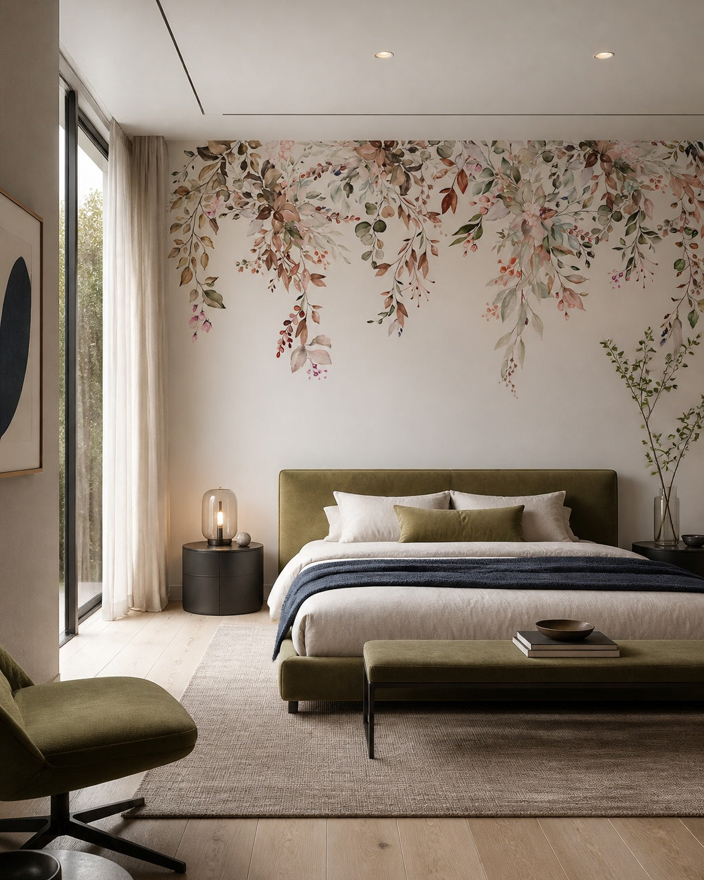 Hanging flowers wallpaper in a designer bedroom.