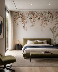 Hanging flowers wallpaper in a designer bedroom.