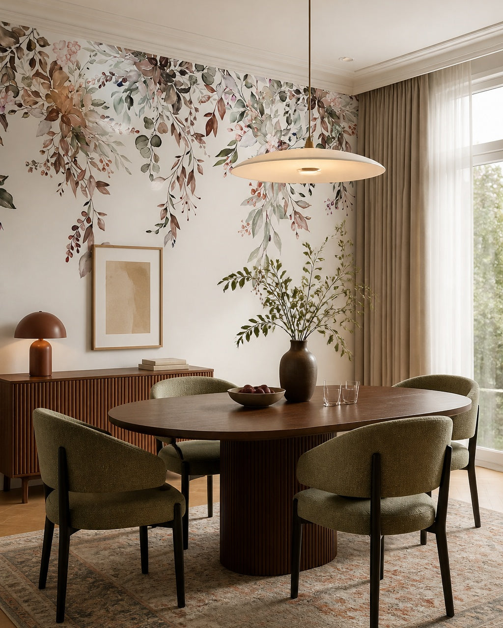 Hanging flowers wallpaper in a refined dining area.