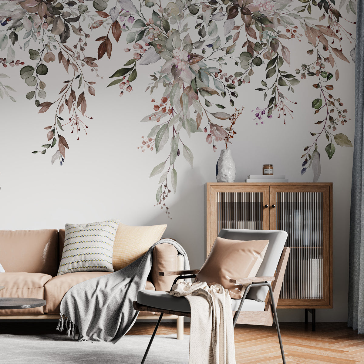 Warme bloemen en bladeren behang – hangend mauve groen als rand