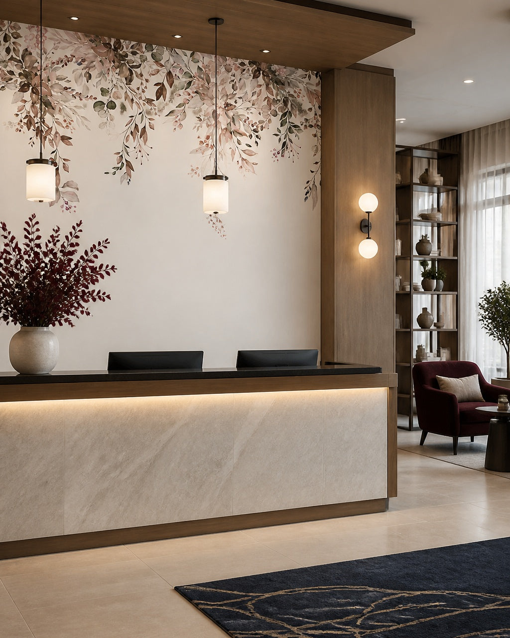 Hanging flowers wallpaper at a hotel reception desk.