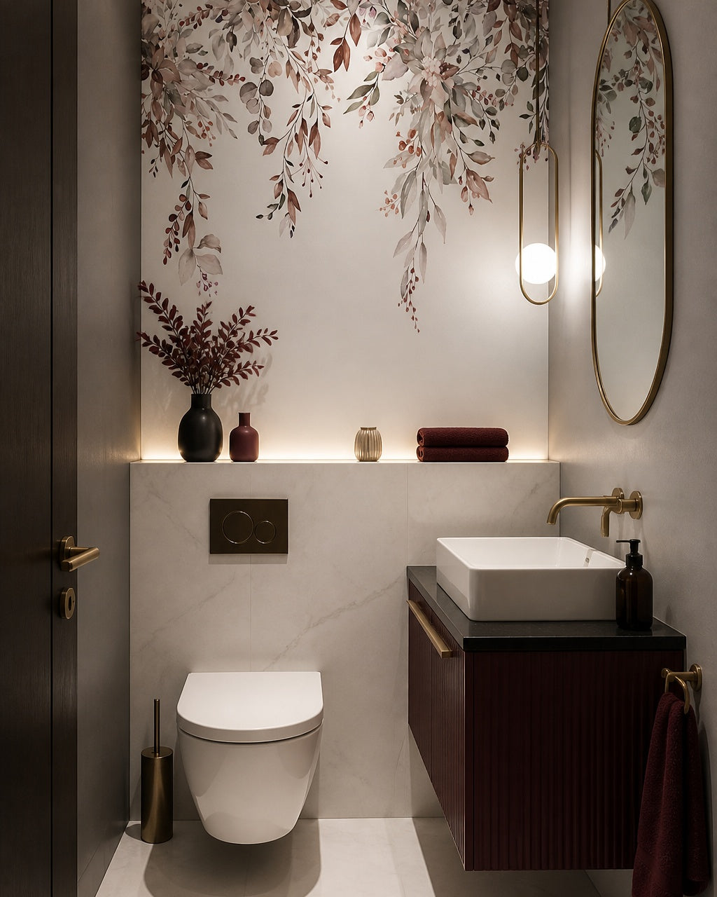 Hanging flowers wallpaper in an elegant powder room.