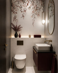 Hanging flowers wallpaper in an elegant powder room.