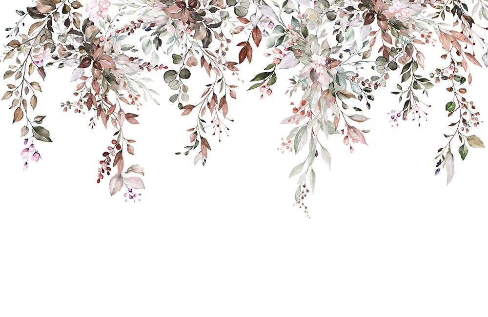 Fototapete Hängende Blumen – Aquarell-Blumenbordüre in Zartrosa und Grün