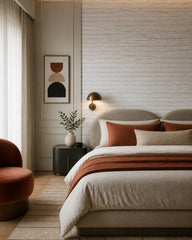 White brick wallpaper in a designer bedroom.
