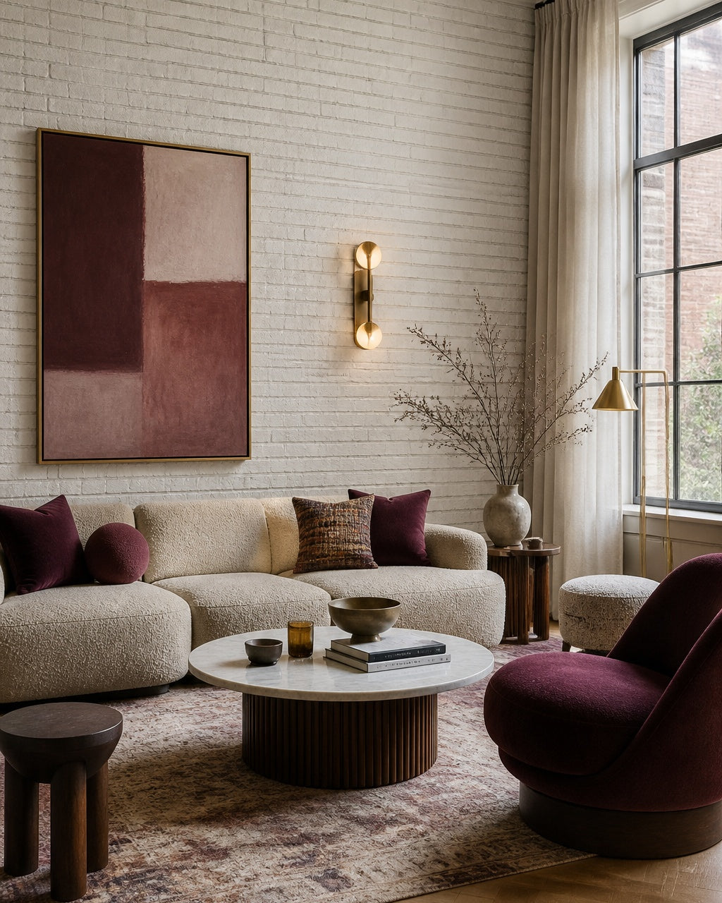 White brick wallpaper in a designer living room.