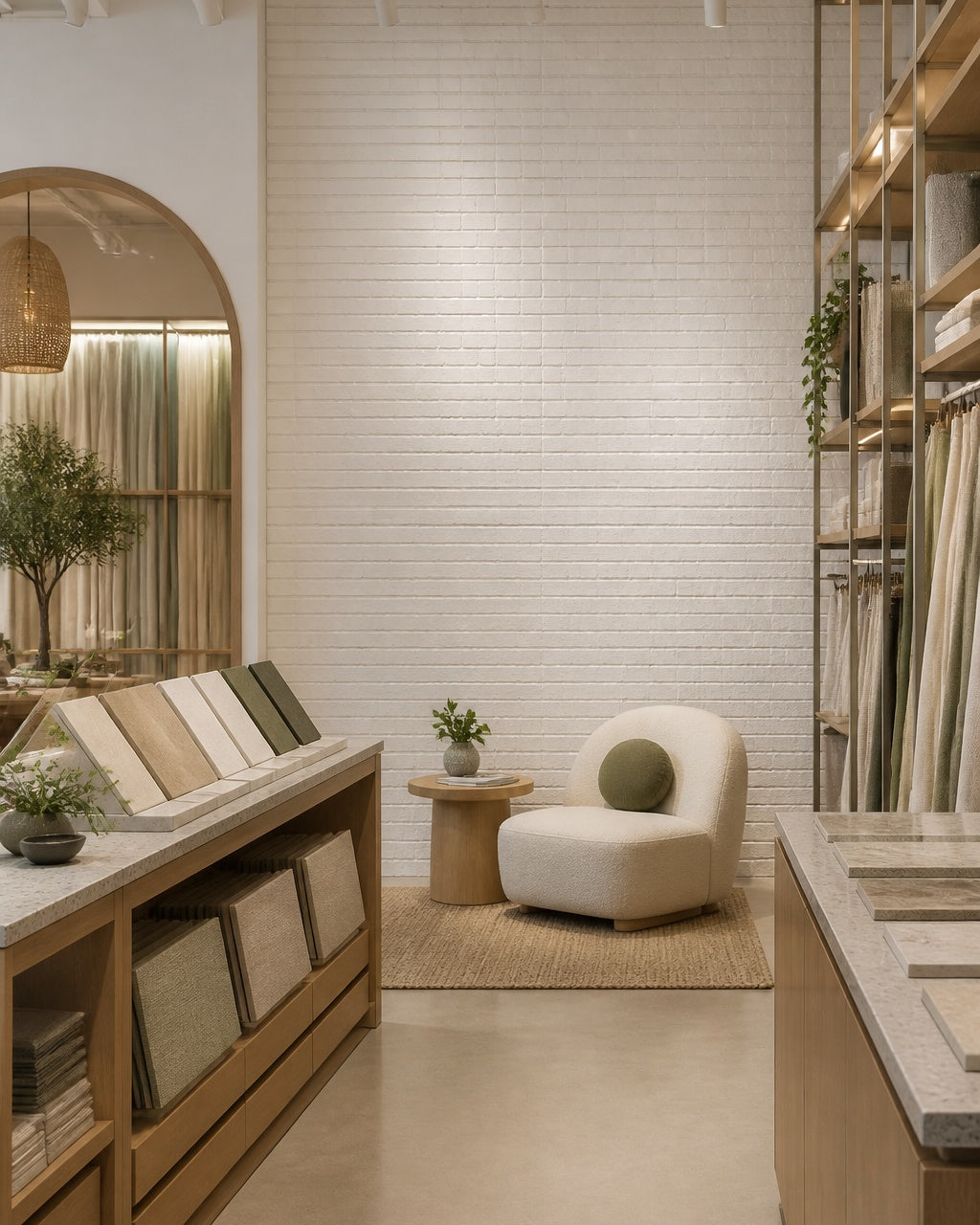 White brick wallpaper in a design showroom.