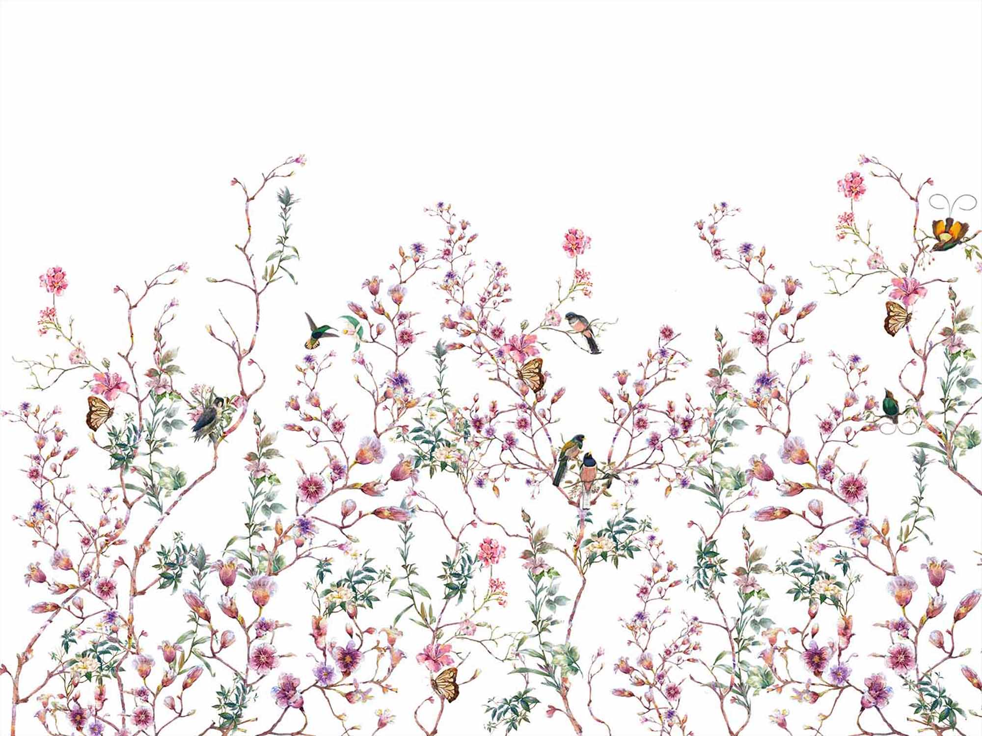 Watercolor Floral Bouquet with Birds Wall Mural Countryside Floral Wallpaper