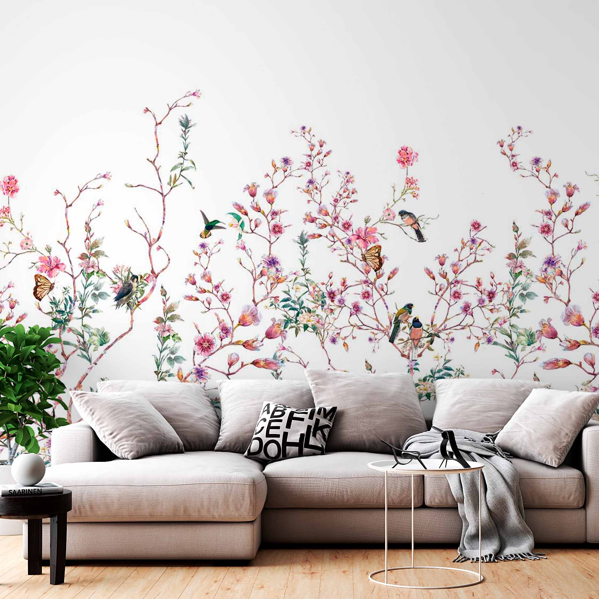 Watercolor Floral Bouquet with Birds Wall Mural Countryside Floral Wallpaper