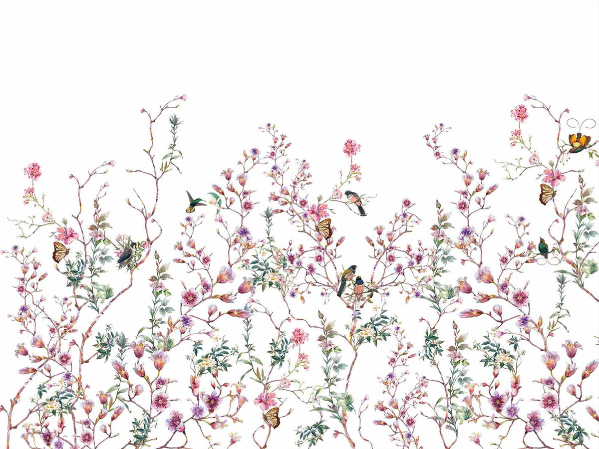 Fototapete Vögel und Blumen – Aquarell-Rosenblüten auf Hellblau