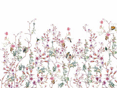 Custom Watercolor Birds and Flowers Wall Mural on Light Blue Background