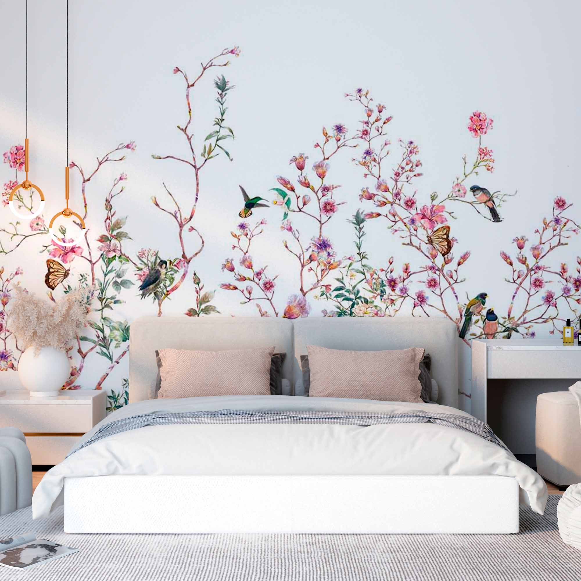 Watercolor Birds and Flowers Wall Mural on Light Blue Background