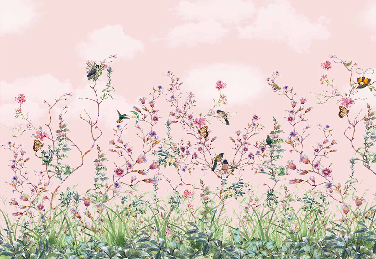 Roze wilde bloemen en vogels – aquarel bloemenweide onder roze lucht
