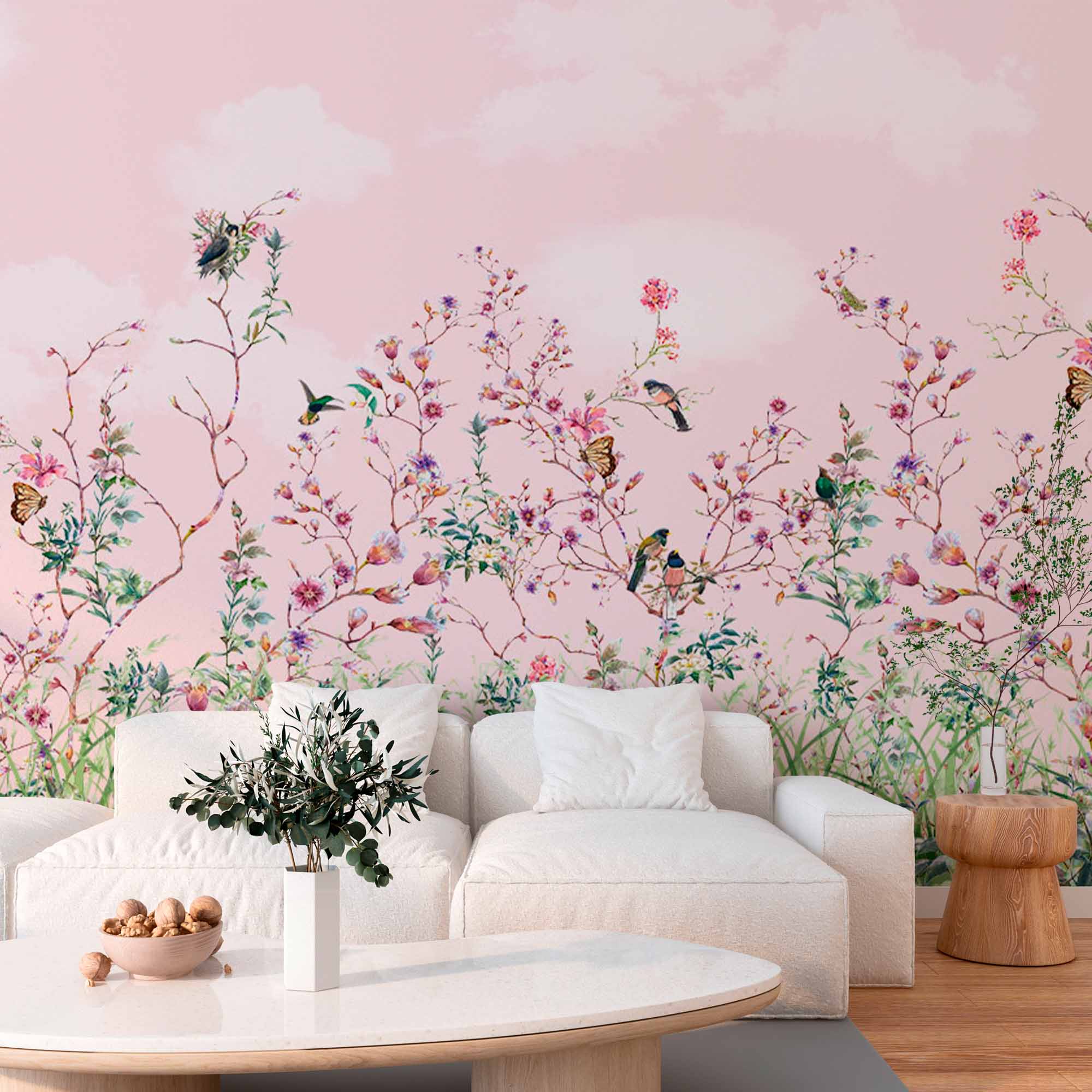 Birds and Butterflies on a Pink Background Wall Mural Floral Pattern Wallpaper