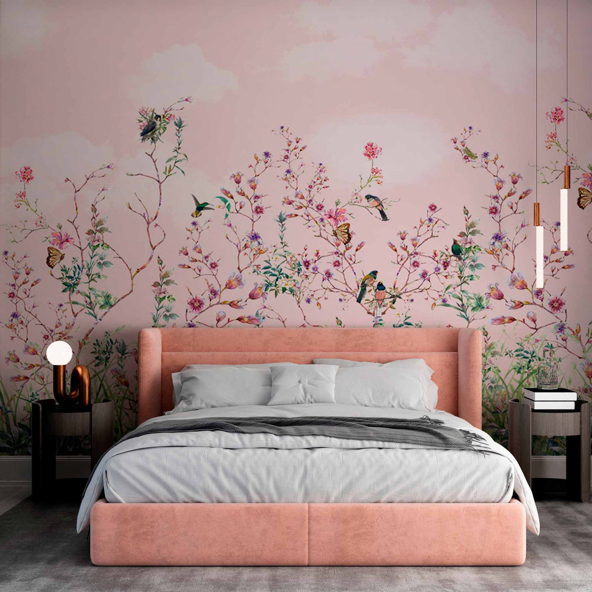 Birds and Butterflies on a Pink Background Wall Mural Floral Pattern Wallpaper