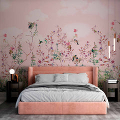 Custom Birds and Butterflies on a Pink Background Wall Mural Floral Pattern Wallpaper