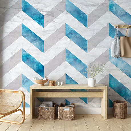 Textured Watercolor Chevron Pattern Wall Mural Wallpaper - Blue and White Zigzag Design