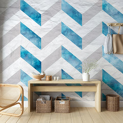 Custom Textured Watercolor Chevron Pattern Wall Mural Wallpaper - Blue and White Zigzag Design
