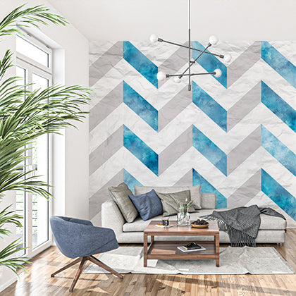 Textured Watercolor Chevron Pattern Wall Mural Wallpaper - Blue and White Zigzag Design