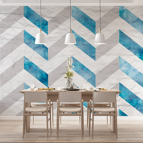 Textured Watercolor Chevron Pattern Wall Mural Wallpaper - Blue and White Zigzag Design