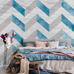Custom Textured Watercolor Chevron Pattern Wall Mural Wallpaper - Blue and White Zigzag Design