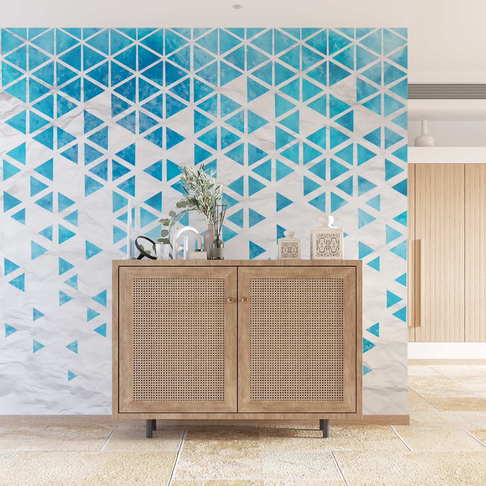 Abstract Watercolor Triangle Grid Wall Mural Wallpaper - Blue and White Crumpled Paper Design