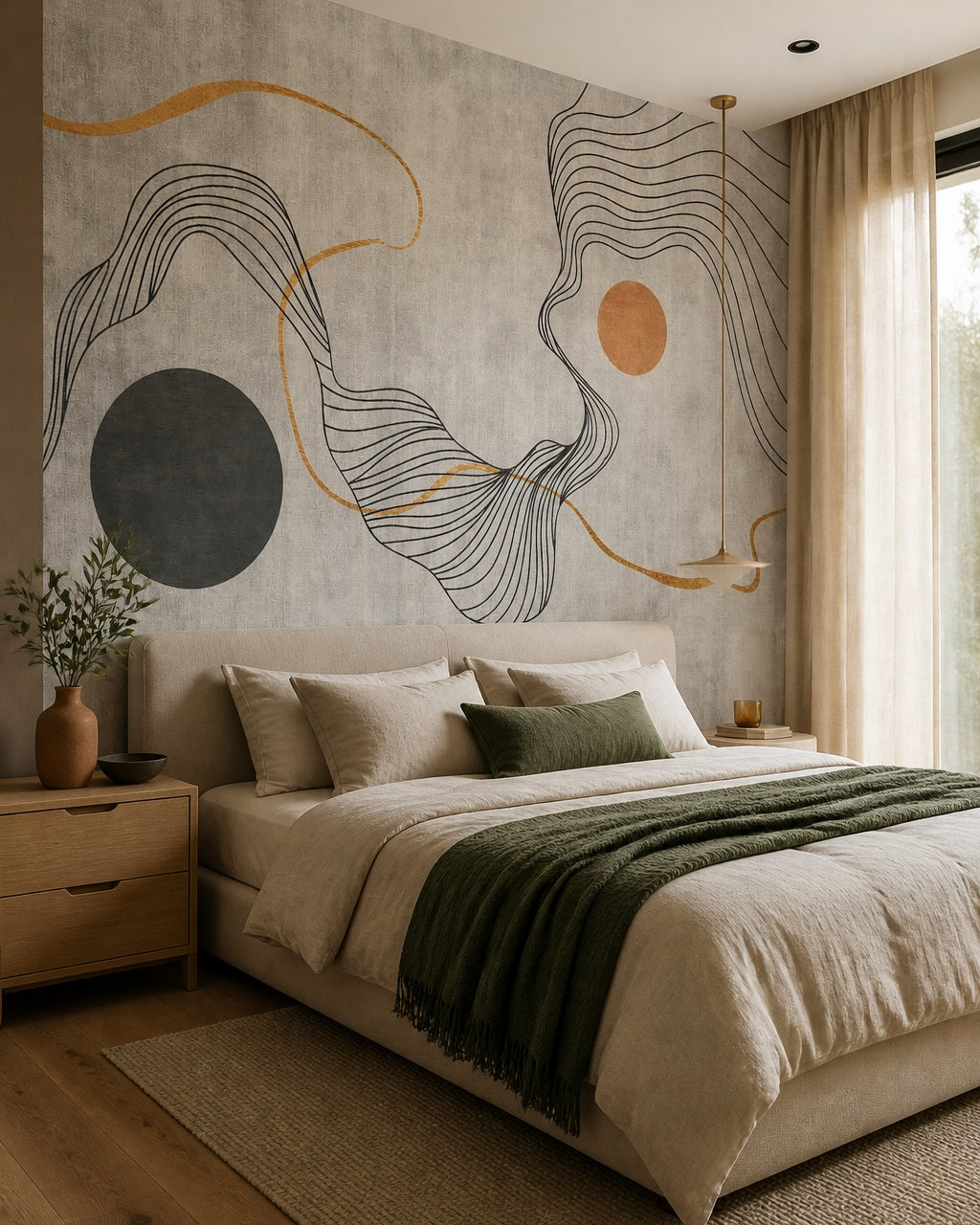 Abstract line art wallpaper in a designer bedroom.