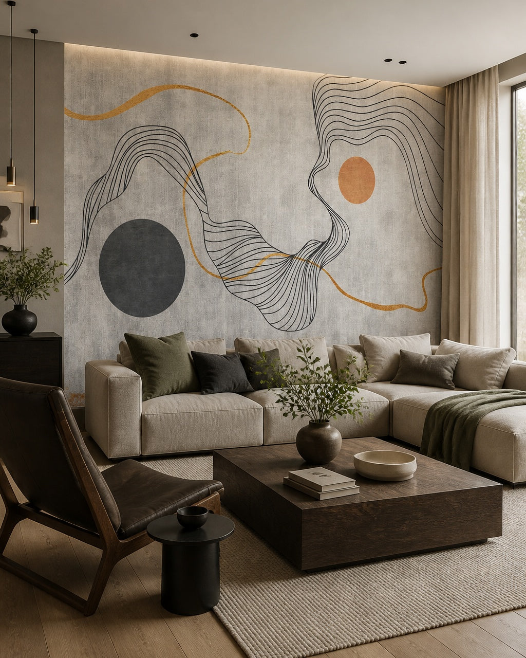 Abstract line art wallpaper in a designer living room.