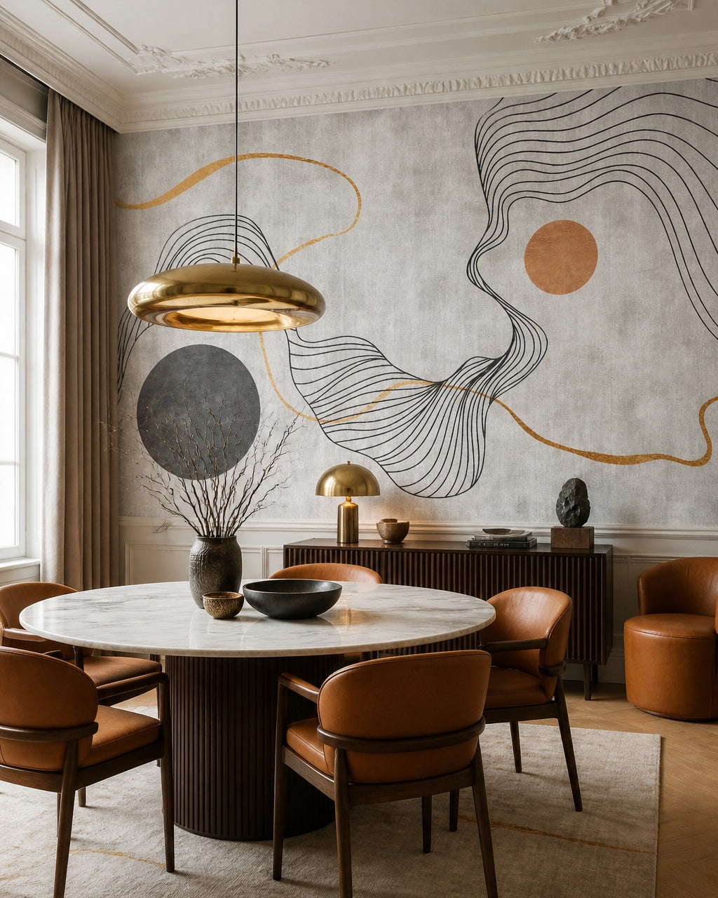 Abstract line art wallpaper in a refined dining area.