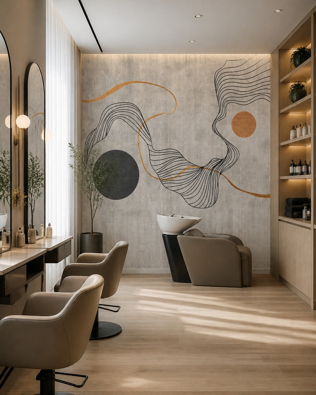 Abstract line art wallpaper in a beauty salon.