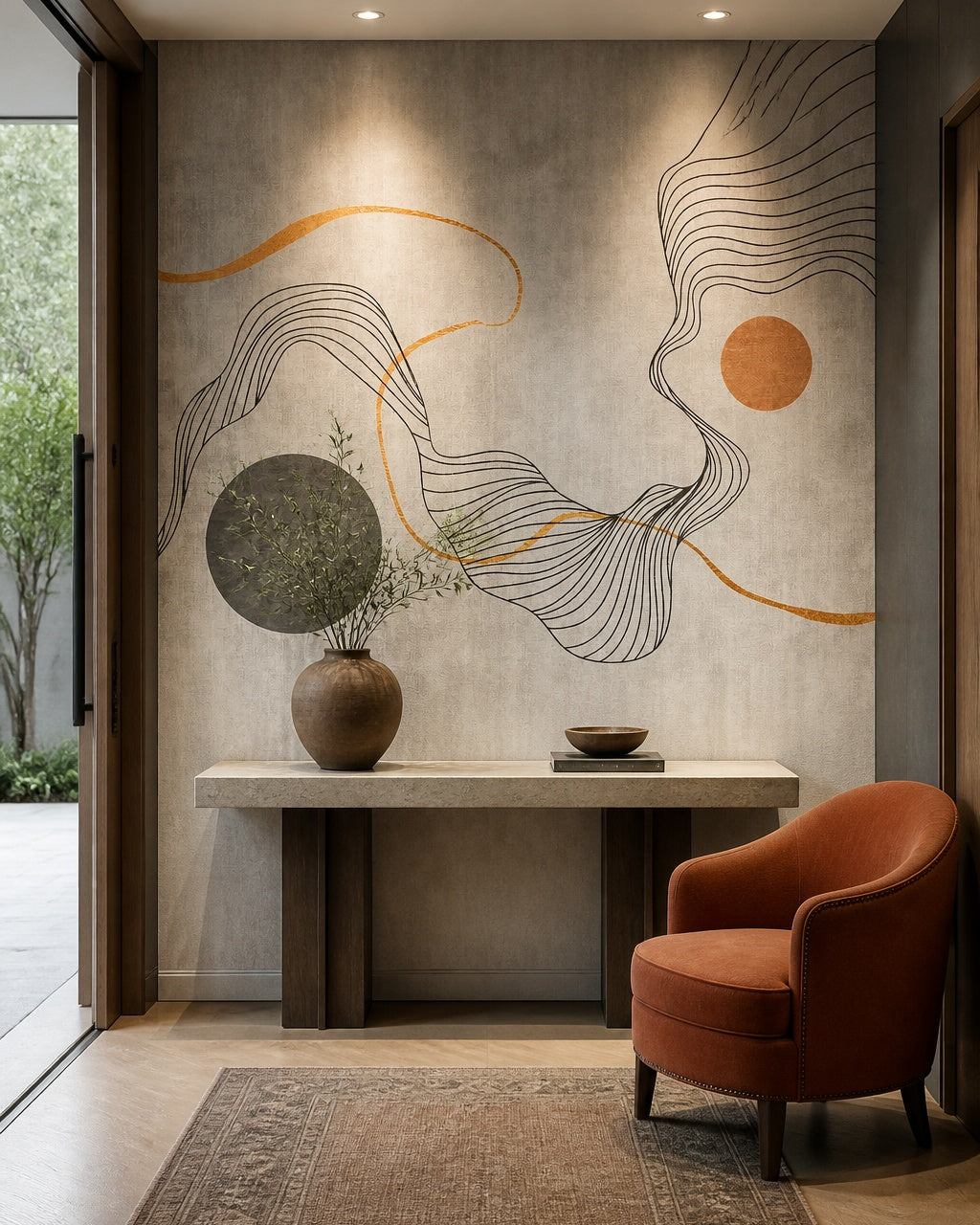 Abstract line art wallpaper in a refined foyer.