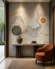 Abstract line art wallpaper in a refined foyer.