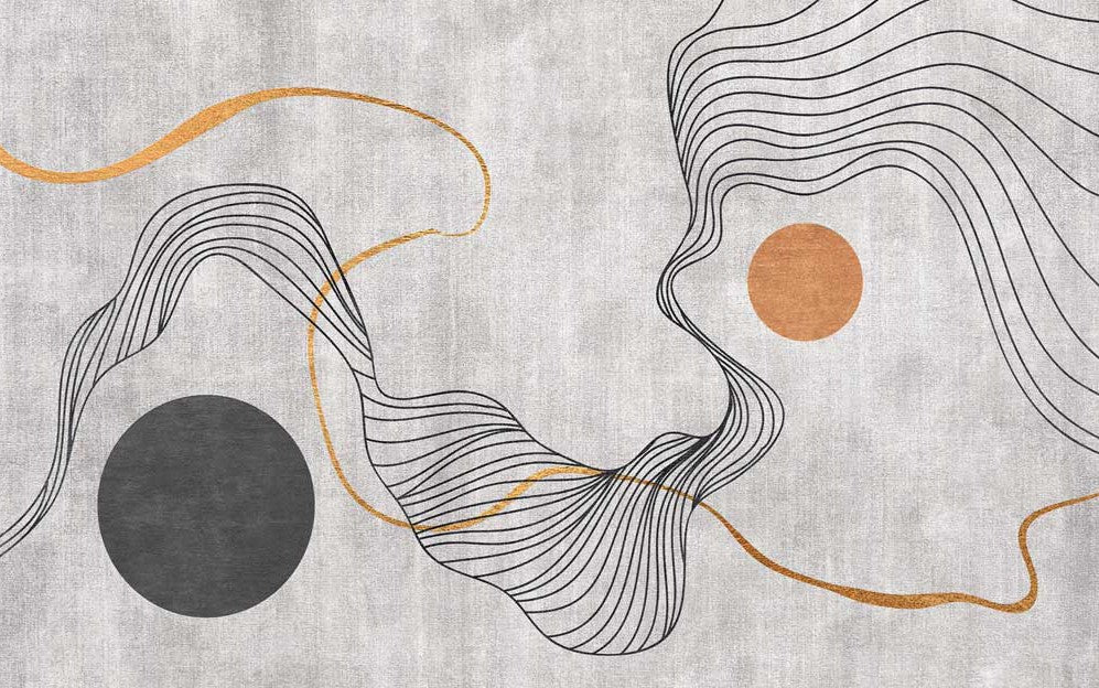 Abstracte lijntekening behang – golvende lijnen en gouden zon fotobehang