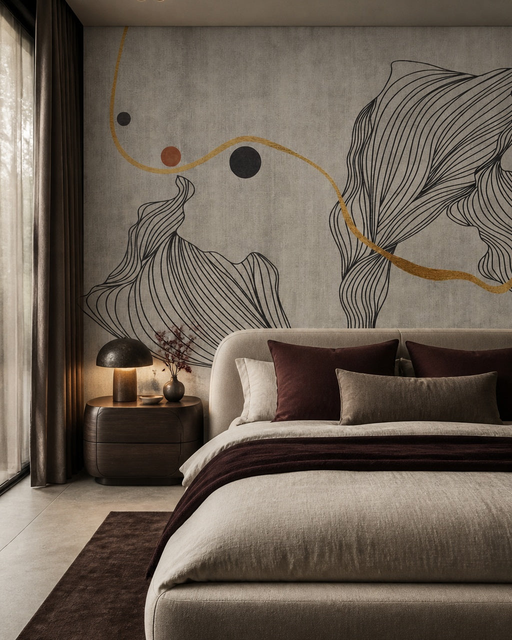Grey and gold line art wallpaper in a designer bedroom.