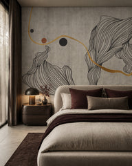 Grey and gold line art wallpaper in a designer bedroom.