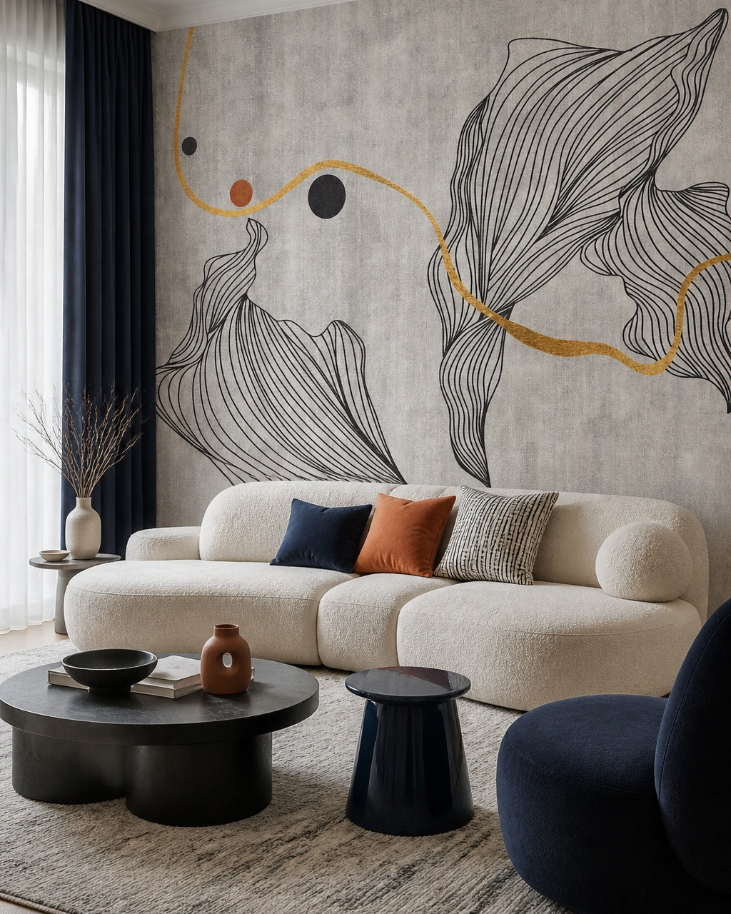 Grey and gold line art wallpaper in a designer living room.